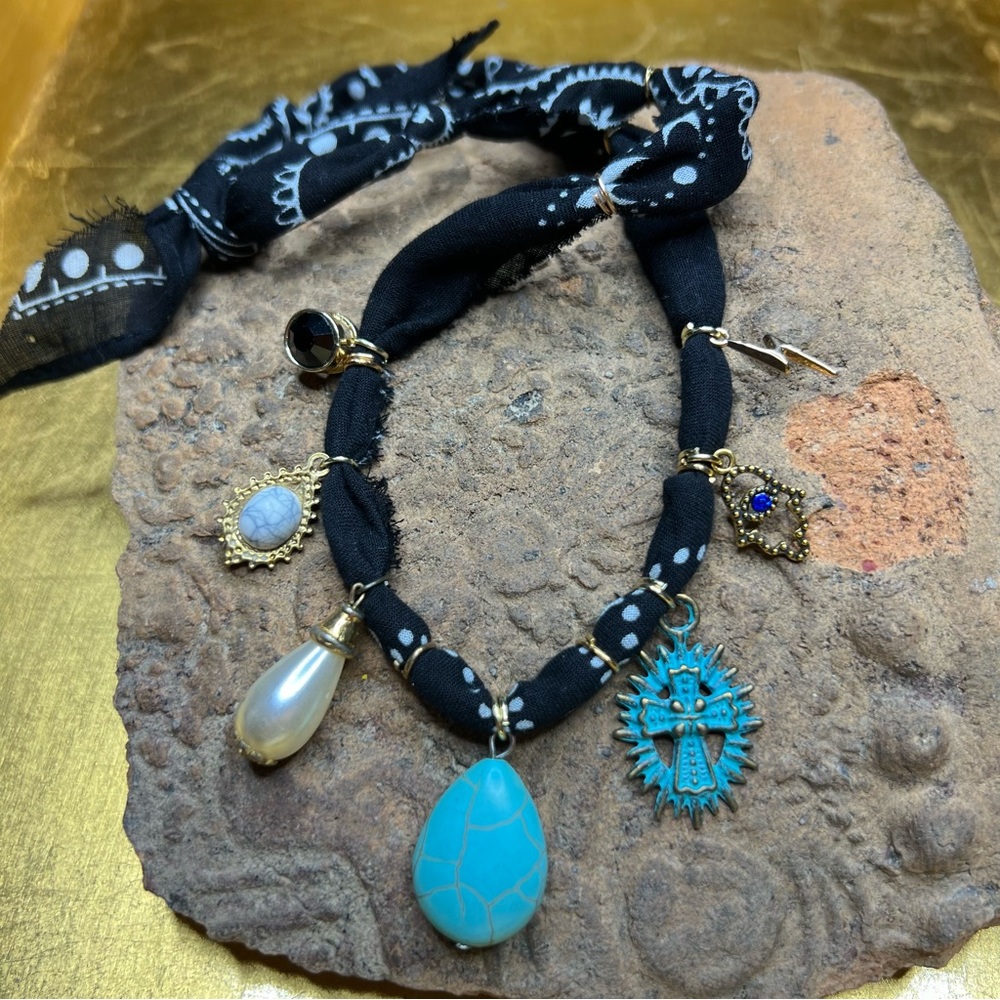 Gold Tone charms Black Bandana Rustic Western Charm Necklace